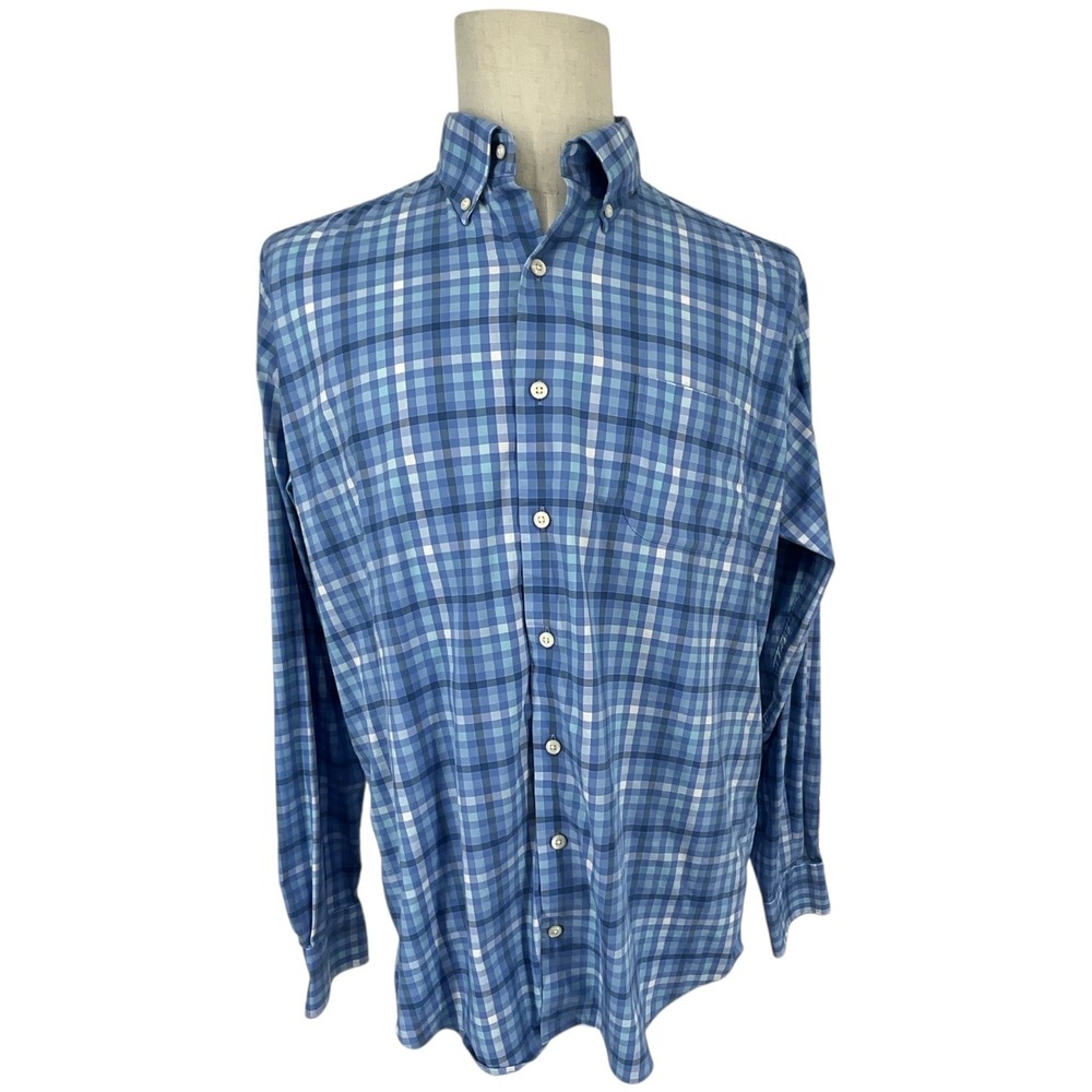 Peter‎ Millar Mens L Blue Plaid Button Down Shirt Long Sleeve Golf Casual Luxuy